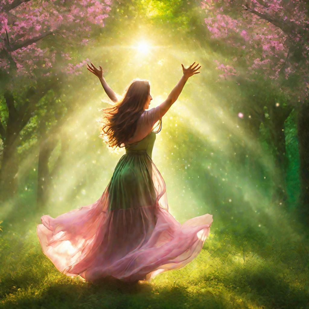 Молодая женщина с длинными каштановыми волосами в свободном зеленом платье танцует с поднятыми руками под густыми деревьями в цвету с розовыми лепестками и зелеными листьями в мистическом золотом тумане, освещенном лучами солнца, просачивающимися сквозь д