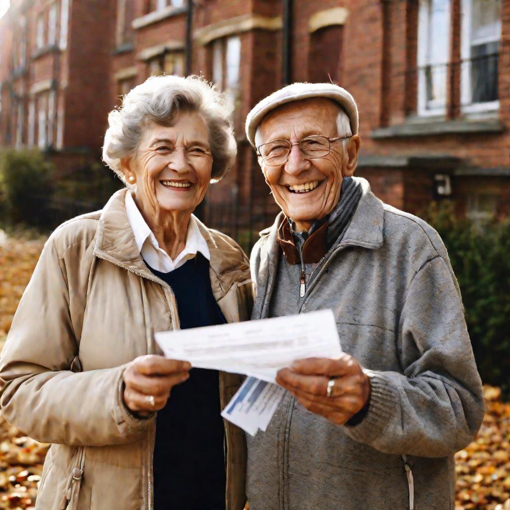 Средний план улыбающейся пожилой пары, стоящей вместе в солнечный осенний день перед старым кирпичным жилым домом с ключами и регистрационными документами в руках.