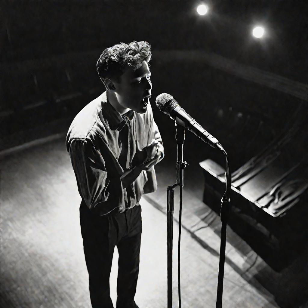 Молодой человек поет в микрофон на сцене театра