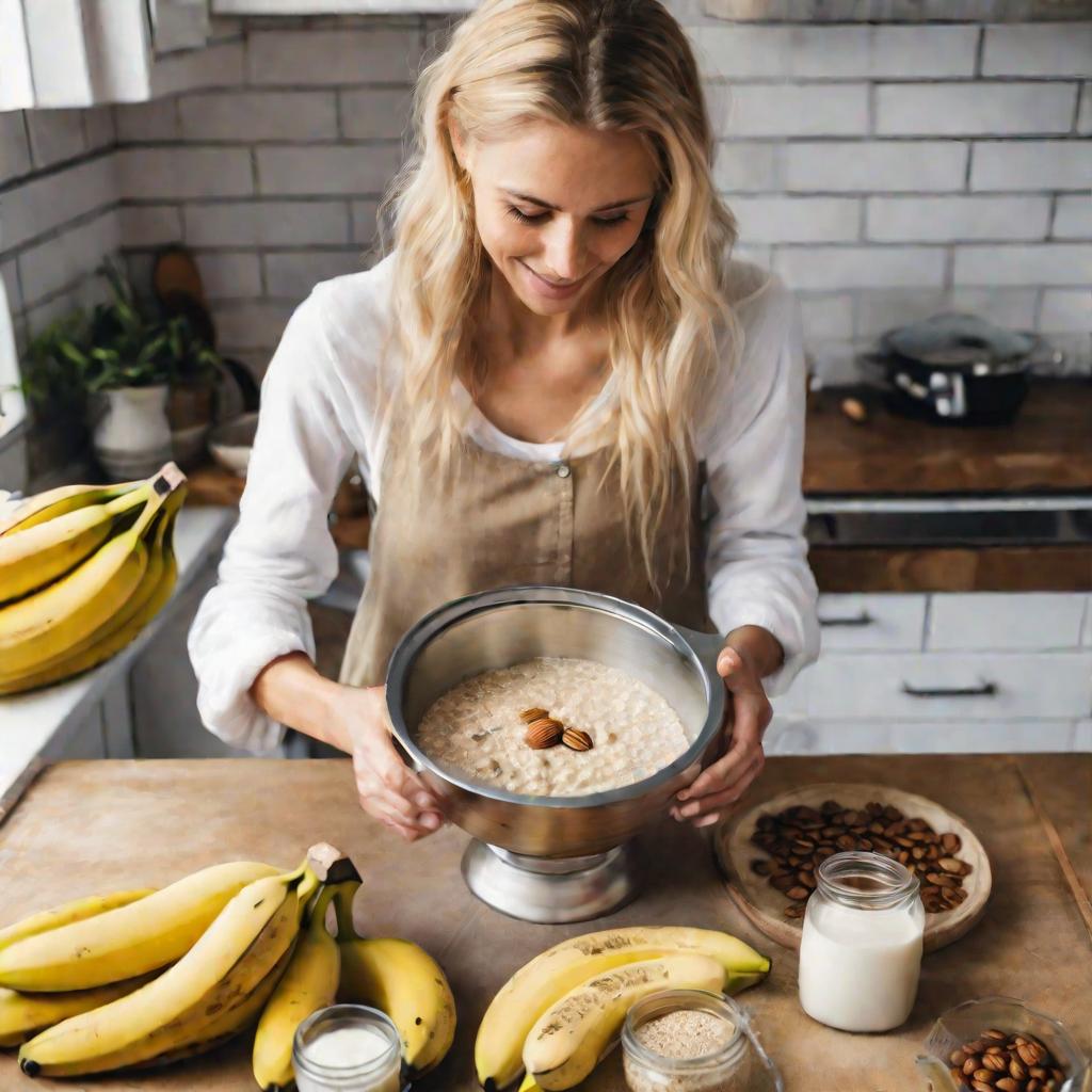 Женщина готовит овсянку с бананами