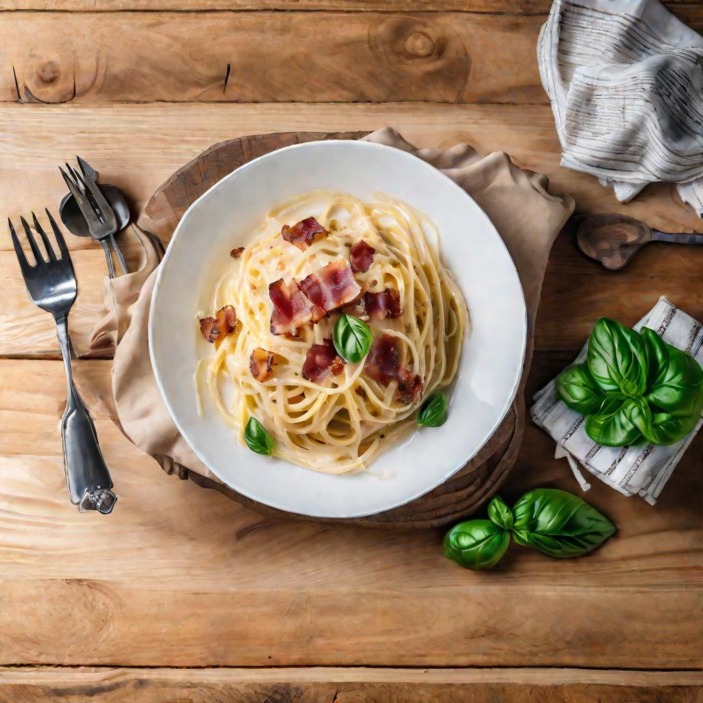 Тарелка спагетти карбонара на столе