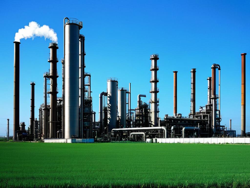 Фото нефтеперерабатывающего завода с высокими колоннами и трубопроводами на фоне голубого неба и