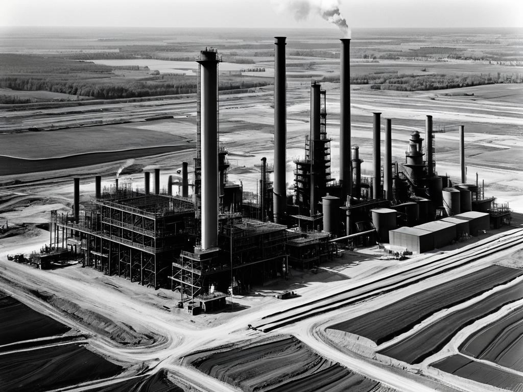 Черно-белая историческая фотография строительства нефтеперерабатывающего завода