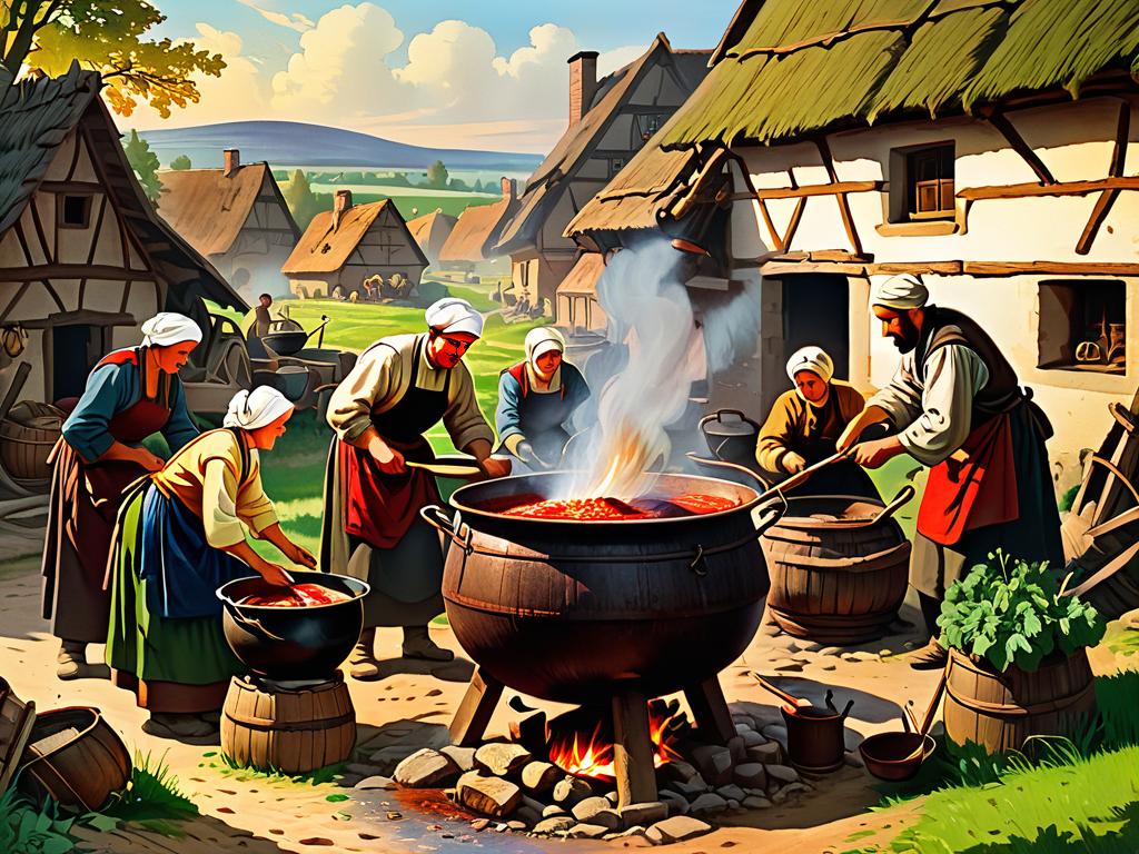 Старая иллюстрация, изображающая крестьян, готовящих борщ в большом котле над открытым огнем в