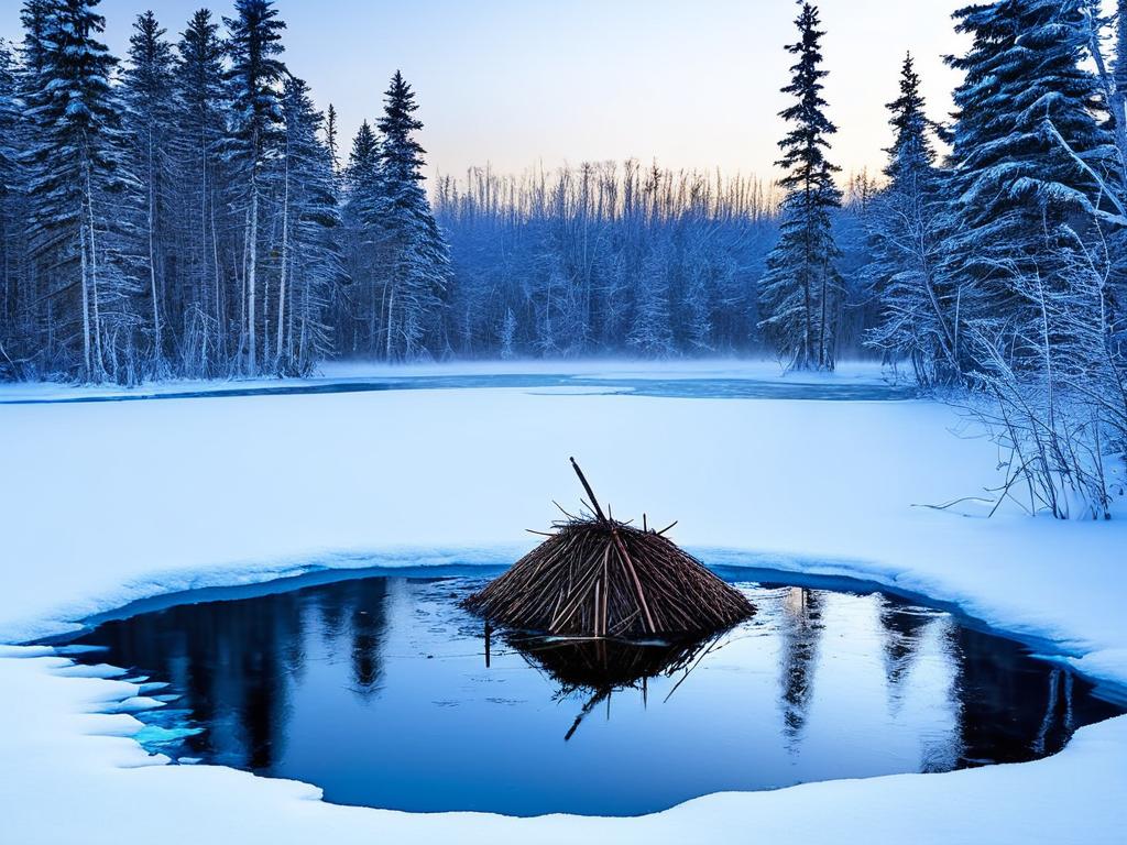 Бобровая хатка на замерзшем пруду посреди зимнего леса