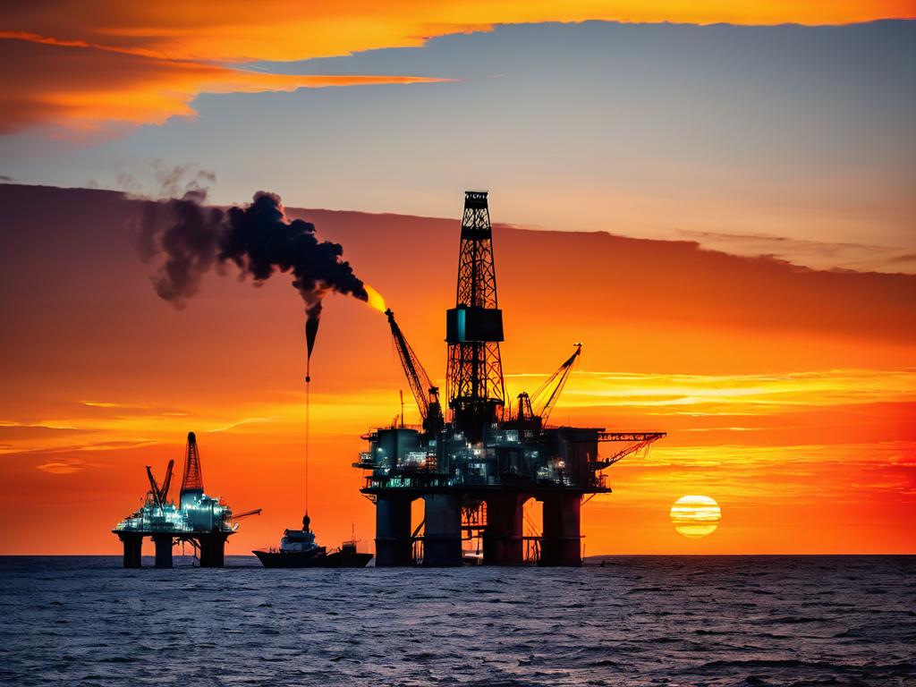 Нефтяные вышки на закате добывают нефть из недр земли, окрашивая небо в оранжевые тона