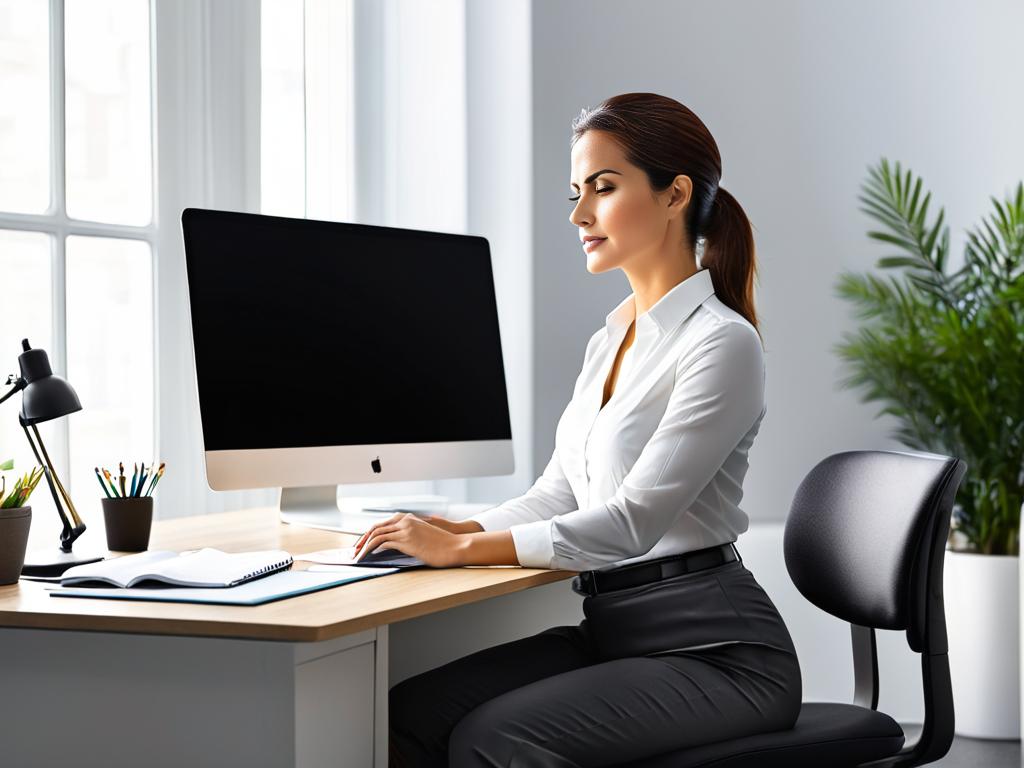 Женщина сидит за столом в неправильной позе, что является фактором риска развития шейного