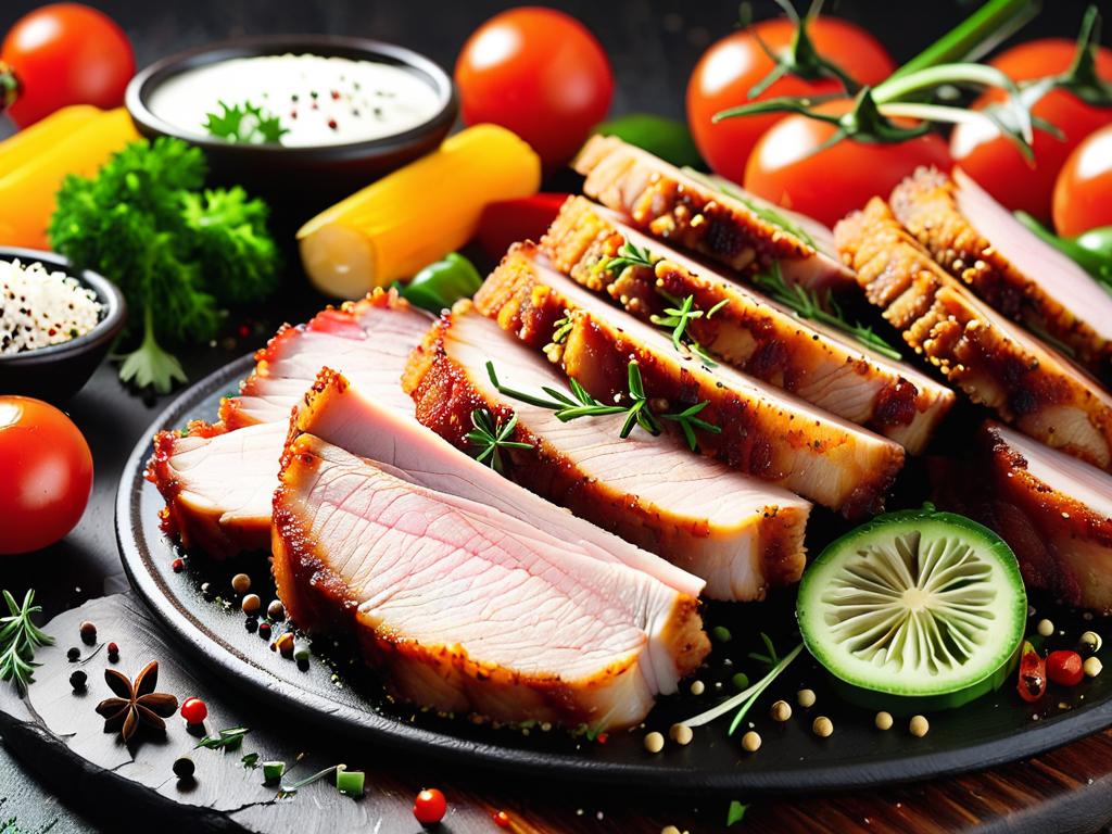 Фото аппетитных ломтиков жареной свинины с приправами и овощами