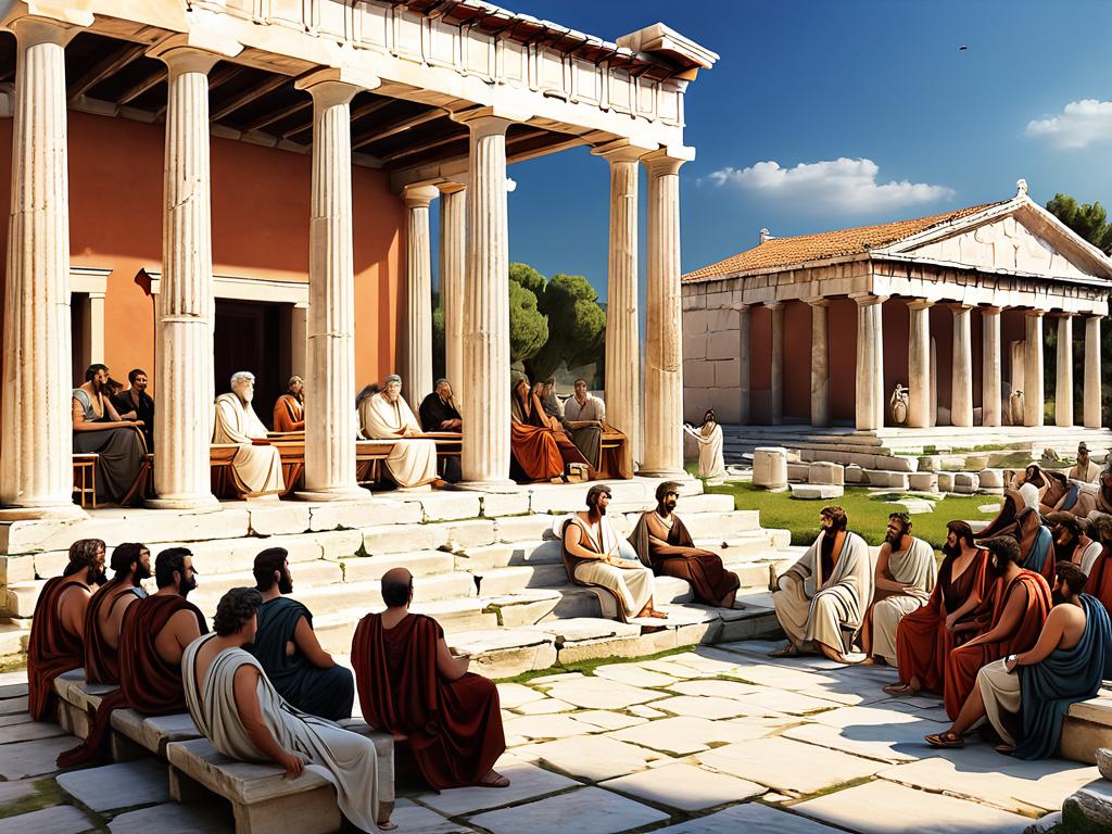Древнегреческая агора с философами и горожанами, ведущими дискуссии