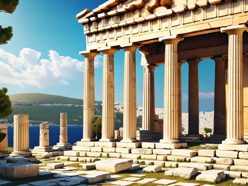 Руины древнегреческого храма с колоннами и статуями философов
