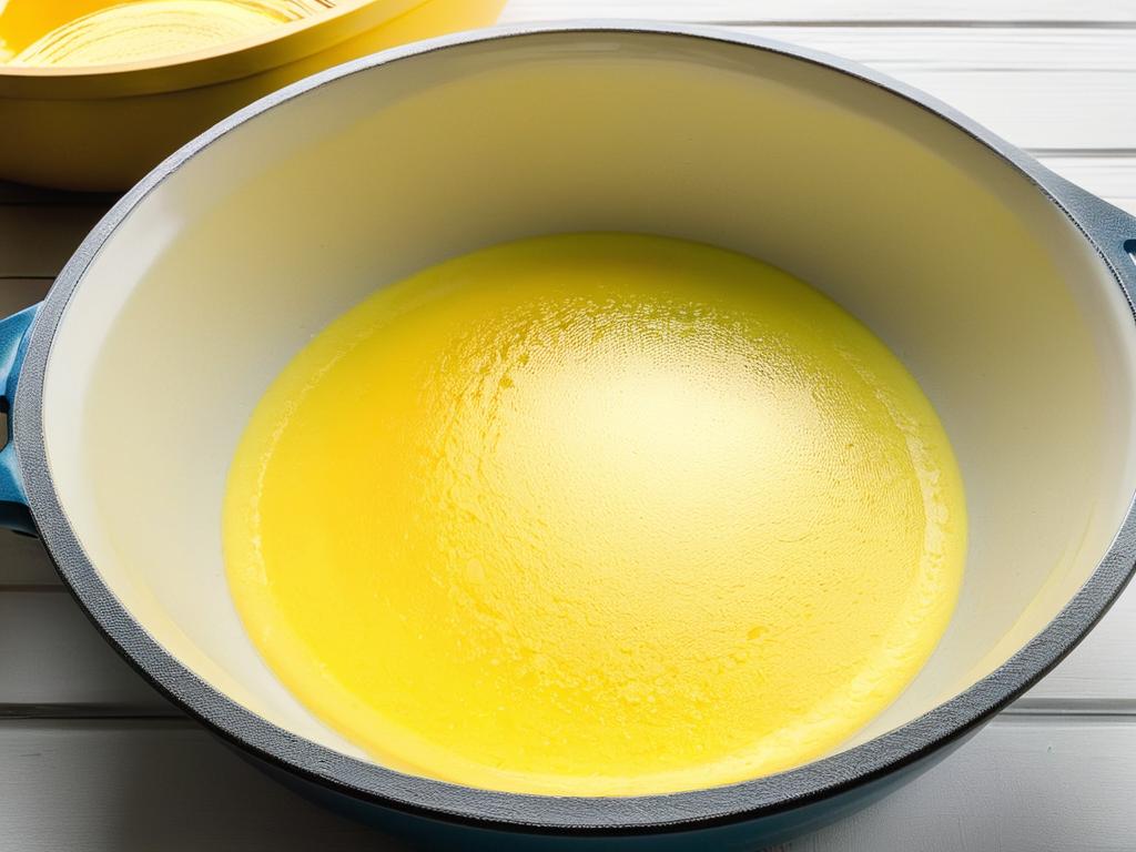 Миска с взбитыми яйцами для омлета в микроволновке со светло-желтым цветом и пузырьками на