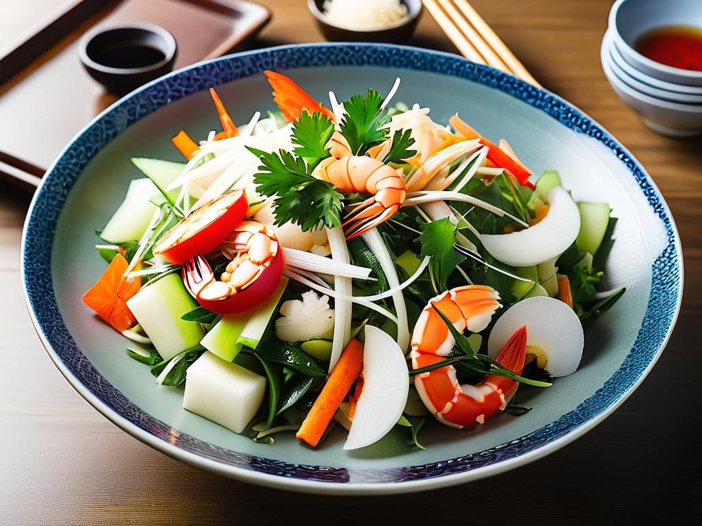 Изображение демонстрирует салат с дайконом и морепродуктами, крабовыми палочками и другими