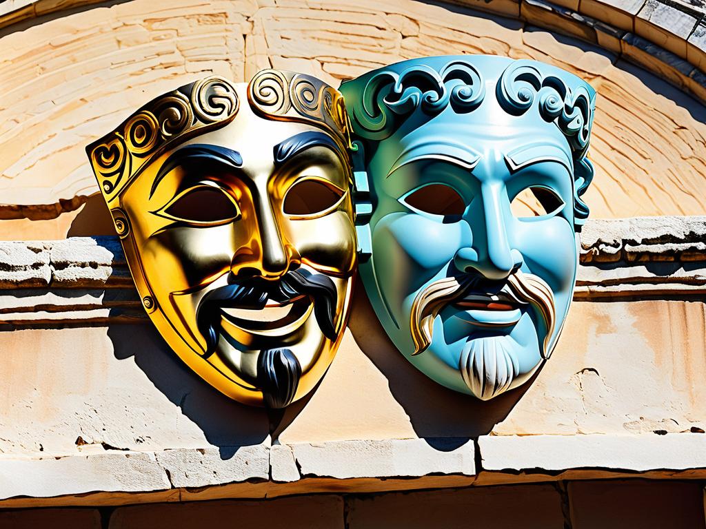 Маски комедии и трагедии, использовавшиеся в древнегреческом театре. Они иллюстрируют два основных