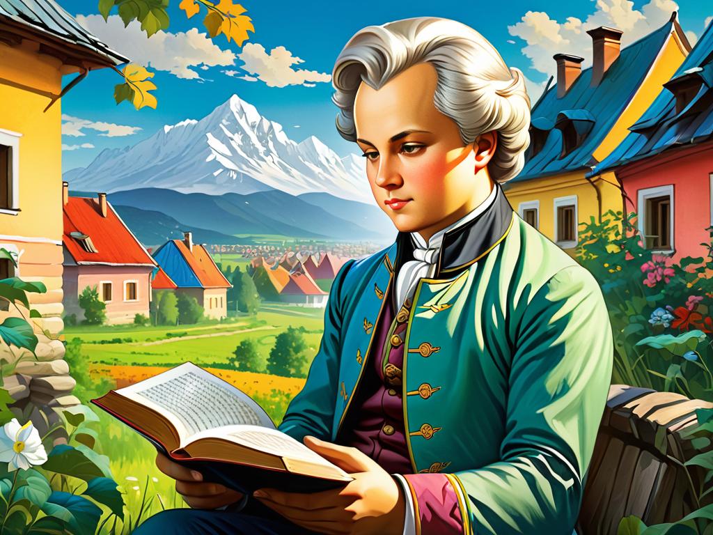 Цветная иллюстрация юного Ломоносова читающего книгу на фоне деревенских домов и природы