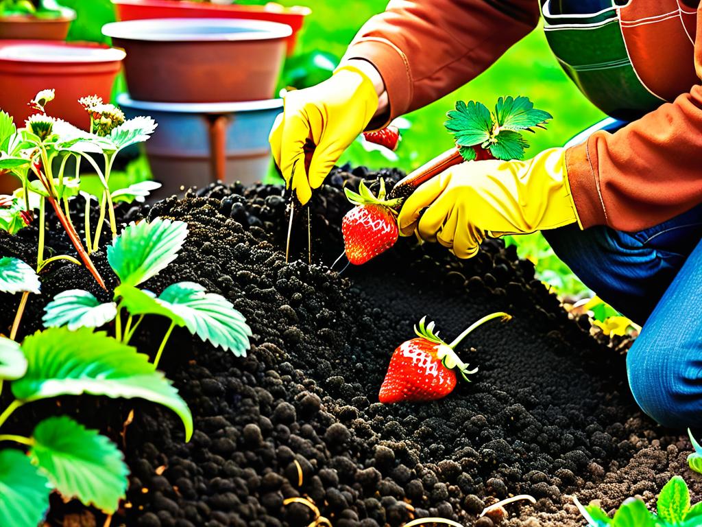 Человек вносит органическое удобрение под кусты клубники в осеннем саду
