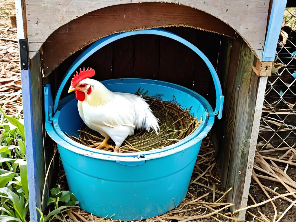 Самодельное куриное гнездо из пластикового ведра, прикрепленного к деревянной доске в курятнике