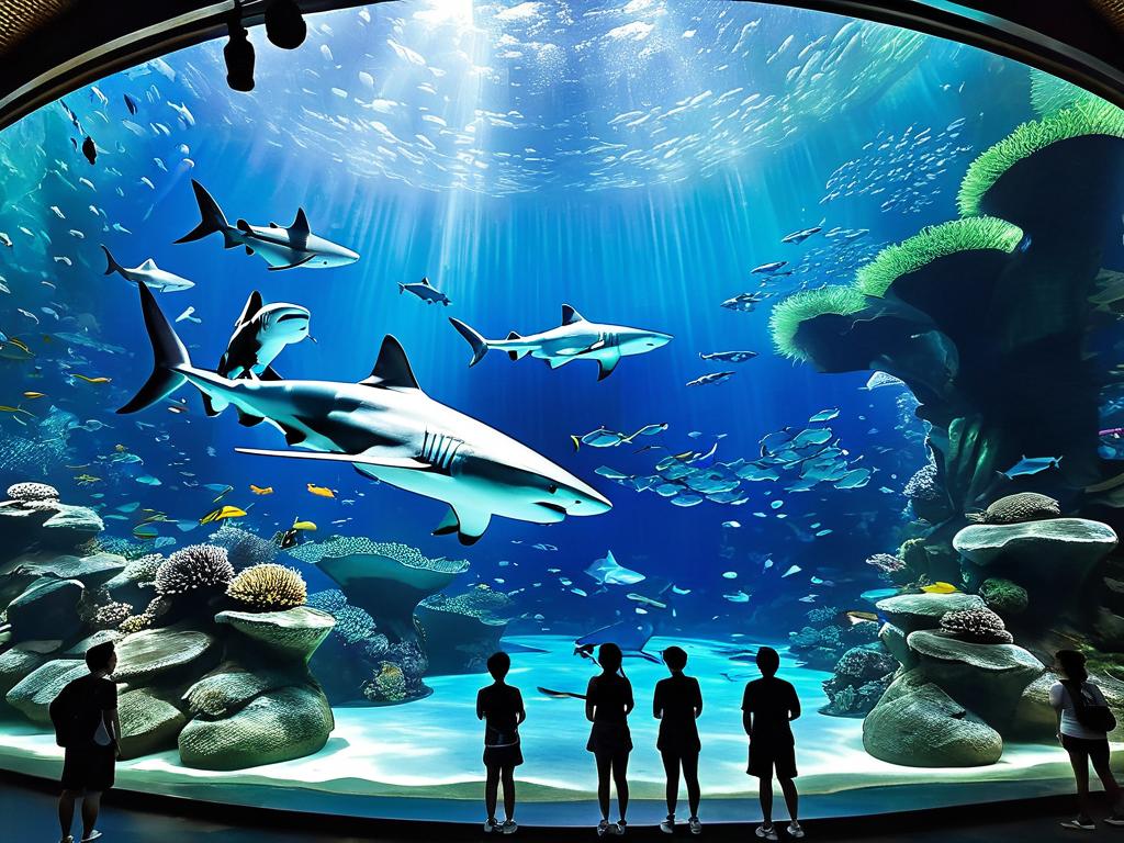 Внутри гигантского аквариума в Чимелонге плавают акулы и рыбы