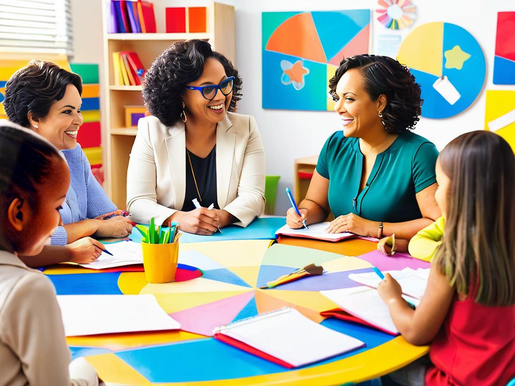 Группа разнообразных воспитательниц детсада проводят совещание за круглым столом