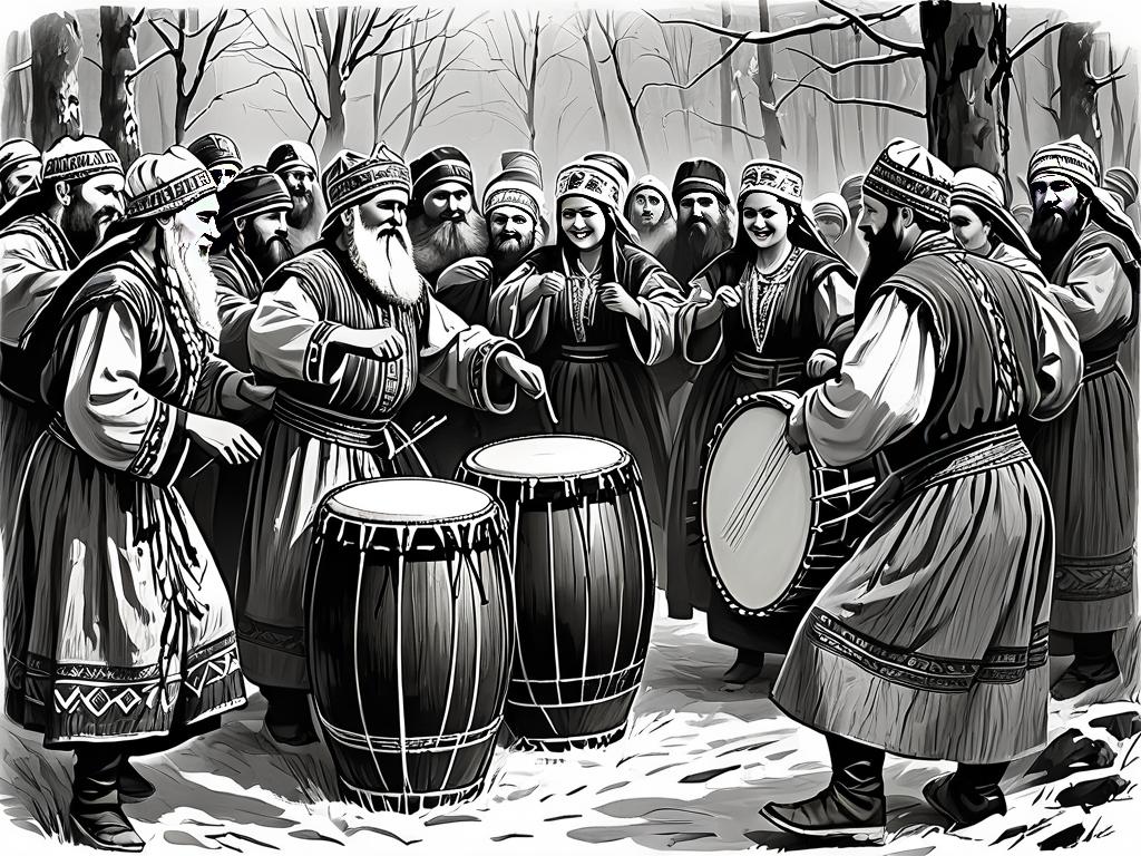 Старинная гравюра: славяне в национальных костюмах играют на бубнах на празднике Кудесы