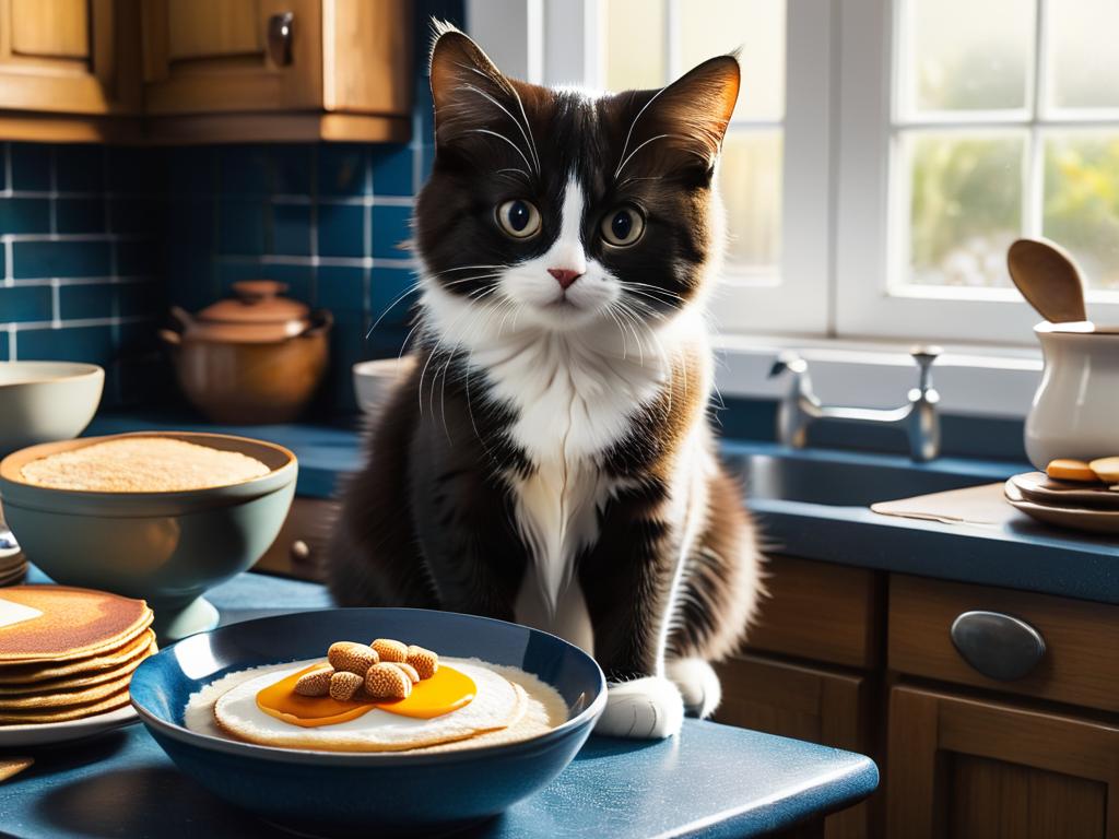 Кошка сидит возле тарелки с кашей, хлебом и блинами – угощение для домового