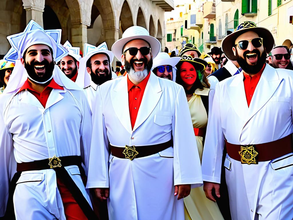 Люди в костюмах празднуют веселый еврейский праздник Пурим с радостью и смехом