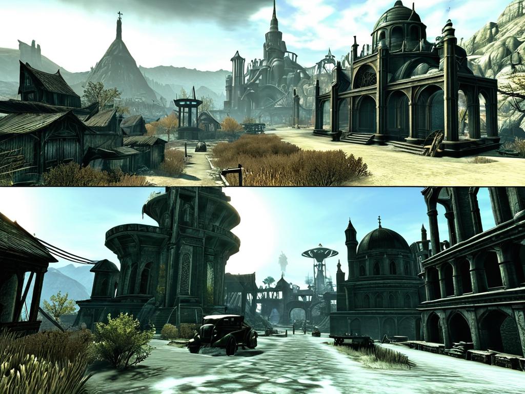 Скриншоты из игр Fallout 3 и Oblivion, показывающие постапокалиптический и фэнтезийный миры