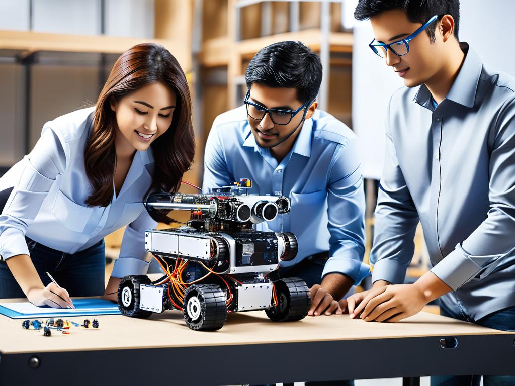 Инженеры собирают прототип робота, символизируя технологический прогресс