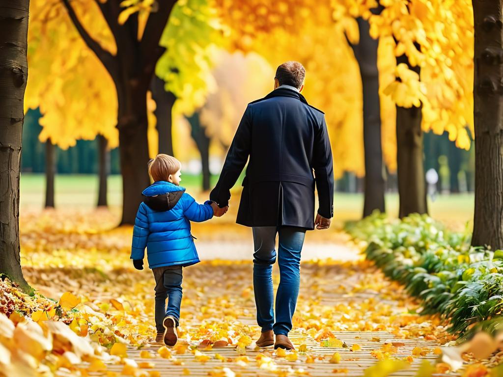 Отец и сын идут за руки и улыбаются в осеннем парке