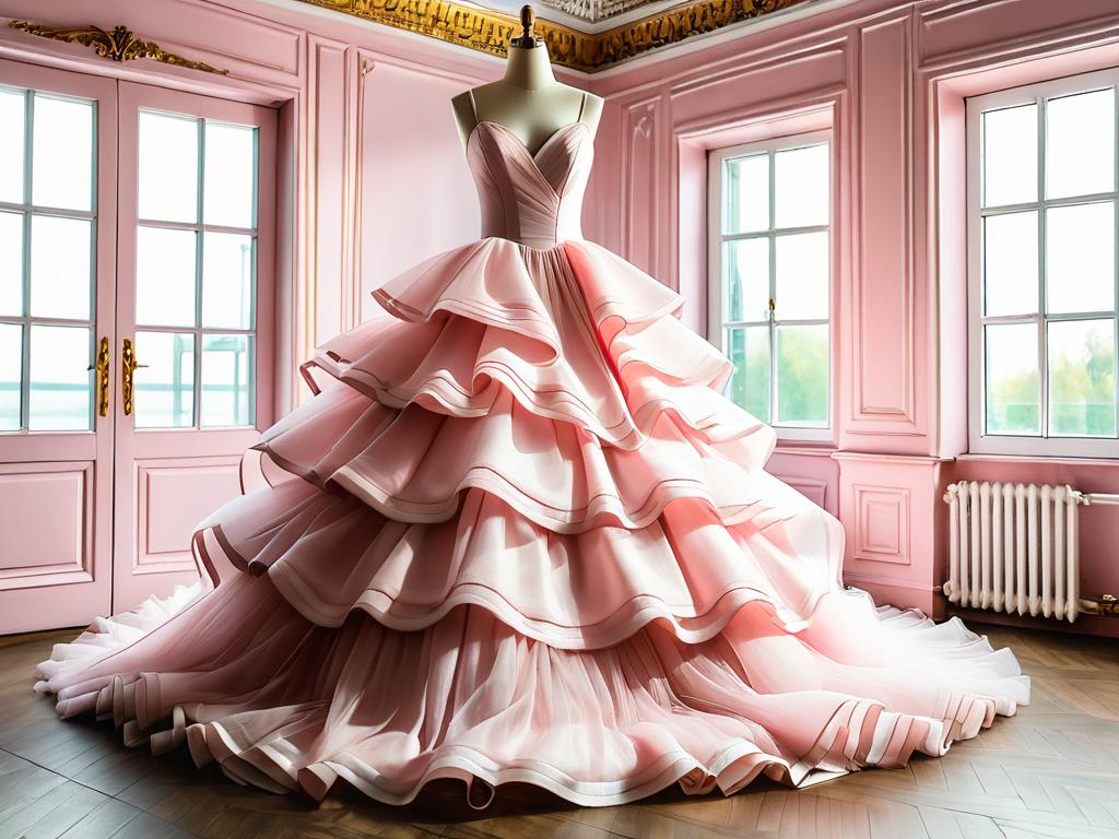Розовое воздушное свадебное платье из легких тканей с многослойной пышной юбкой