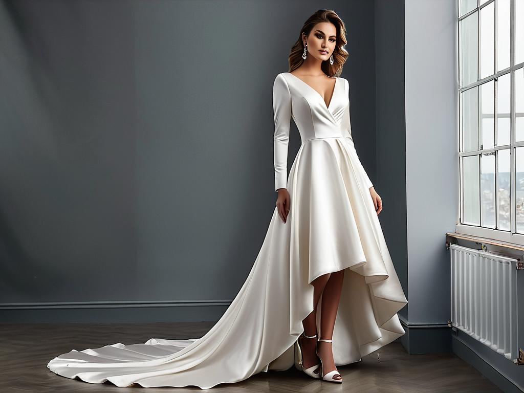 Асимметричное бархатное свадебное платье с одним длинным рукавом, открытым декольте и короткой