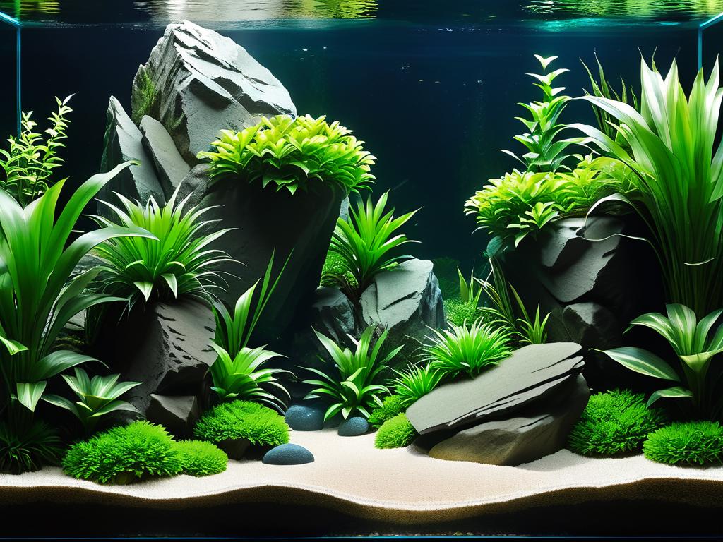 Вдохновляющий пример акваскейпа с наклонными камнями, высокими зелеными растениями и мелкими