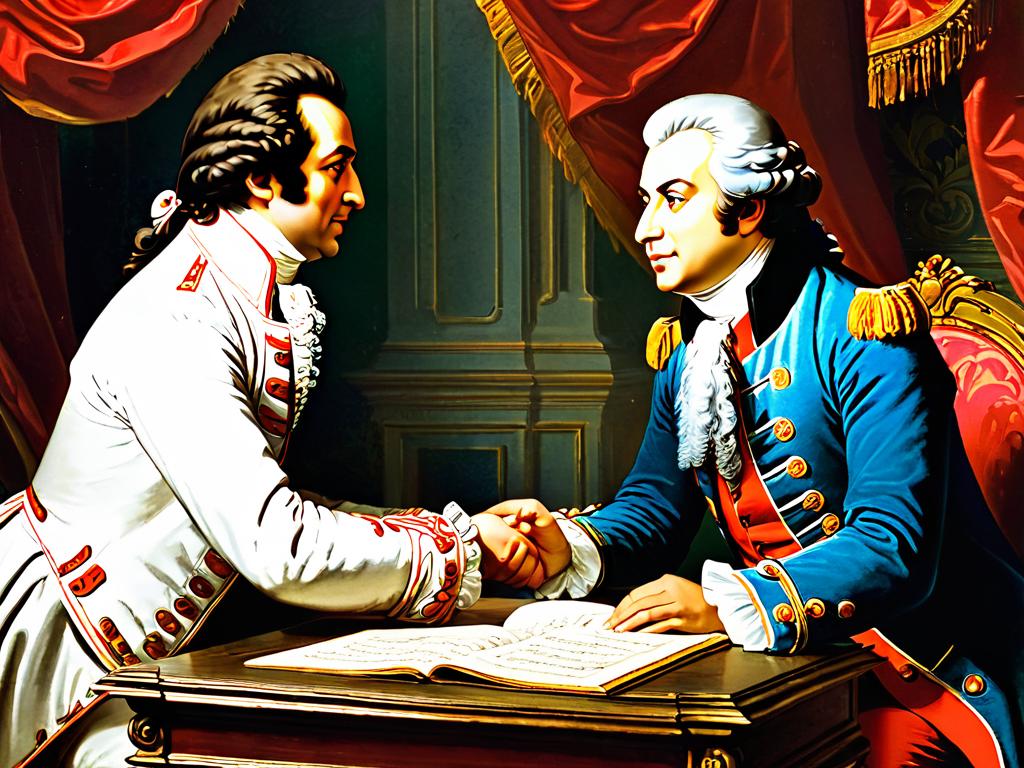 Иллюстрация к сцене из пьесы Пушкина "Моцарт и Сальери", два композитора беседуют
