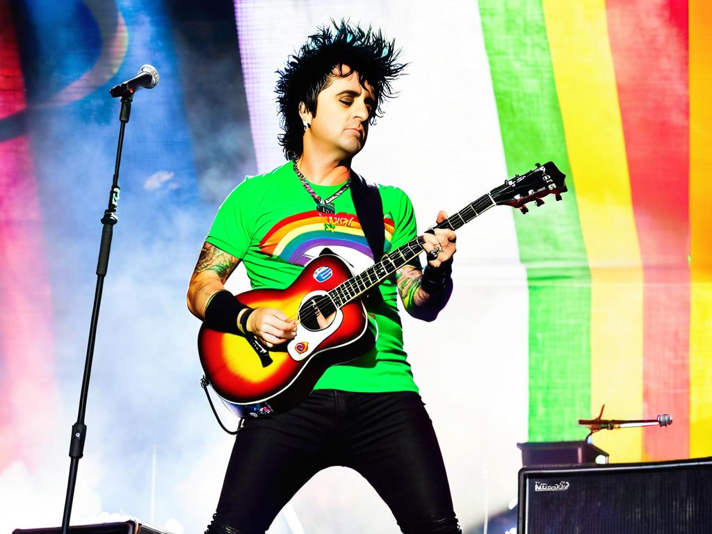 Билли Джо Армстронг в футболке с радужным флагом в поддержку прав ЛГБТ на концерте Green Day на