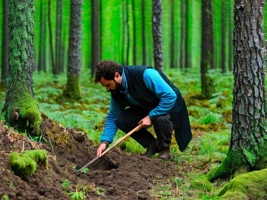 Мужчина в лесу ищет трюфели с помощью палки
