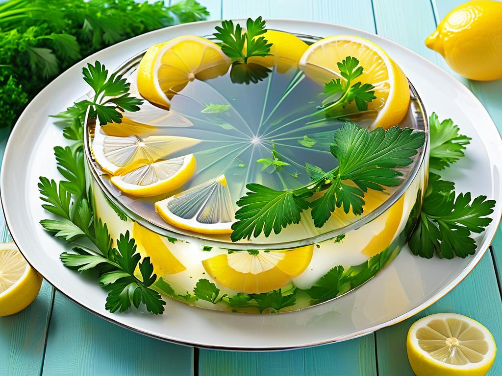 Украшение заливного из щуки ломтиками лимона зеленью веточкой петрушки