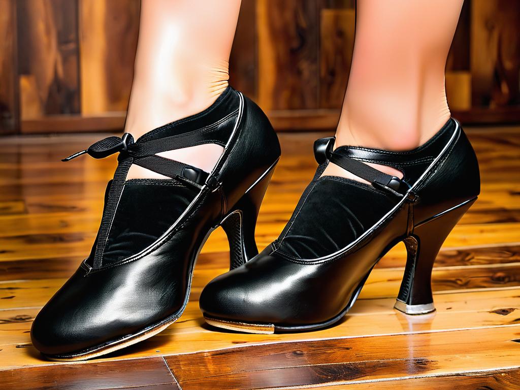 Пара черных кожаных туфель для танцев на пилоне на деревянном полу. На подошвах есть специальные