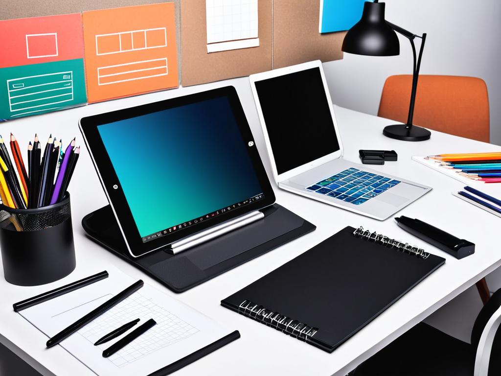 Рабочее место с оборудованием для графического дизайна - графический планшет, карандаши, ручки,