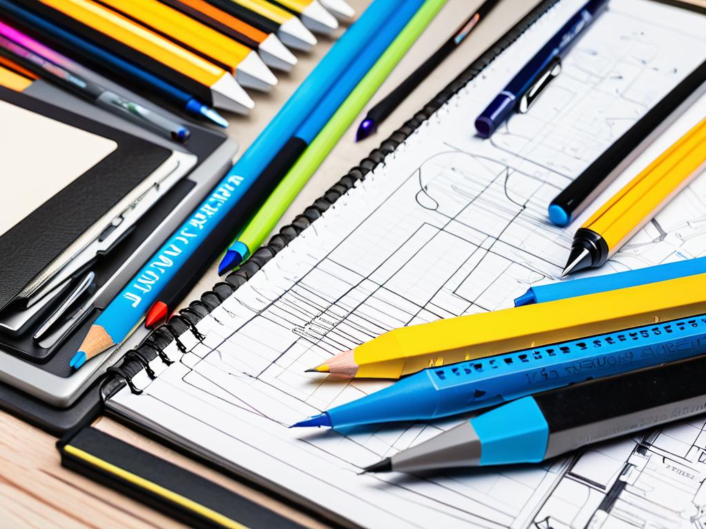 Различное оборудование для графического дизайна на столе - карандаши, ручки, маркеры, блокнот и
