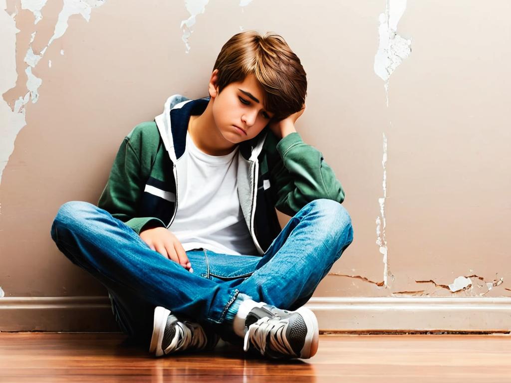 Фотография грустного подростка, сидящего на полу и прислонившегося к стене
