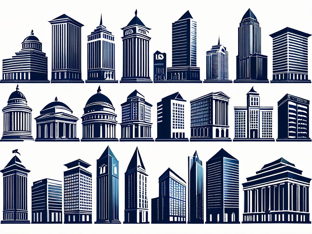 Логотипы различных банков в виде многоэтажных зданий