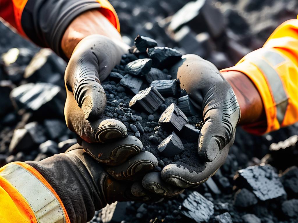 Руки шахтера, держащие уголь