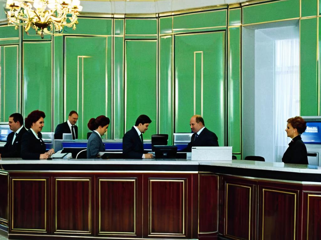 Интерьер отделения банка в Москве с кассирами и клиентами