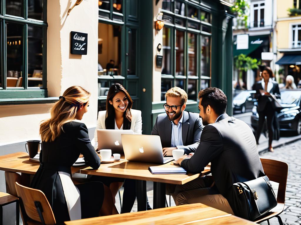 Люди проводят деловую встречу за столиком в кафе с ноутбуками и блокнотами