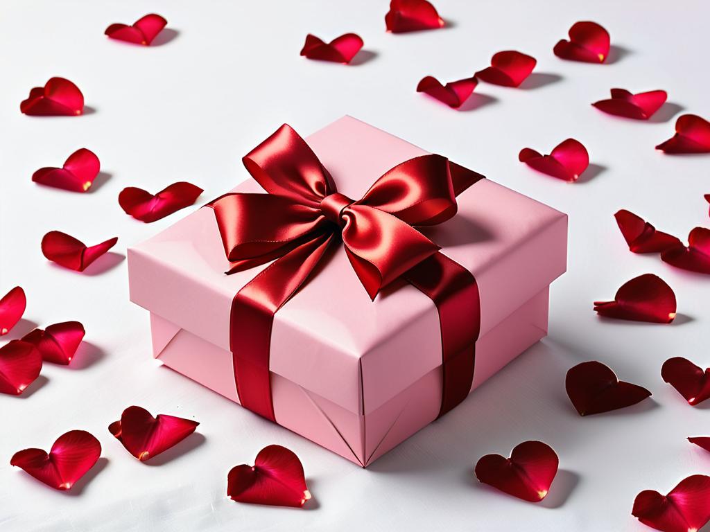 Розовая подарочная коробка с красной лентой, лежащая на белой простыне, усыпанной лепестками роз.