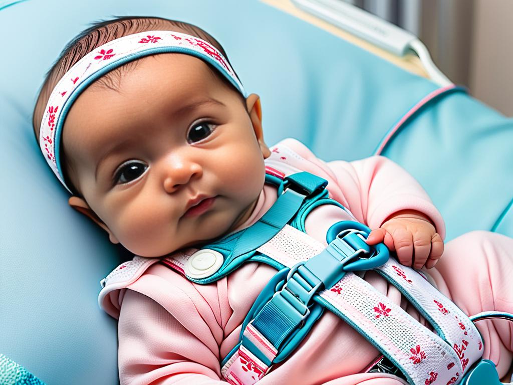 Новорожденная девочка с дисплазией тазобедренного сустава в лечебной шине Павлика