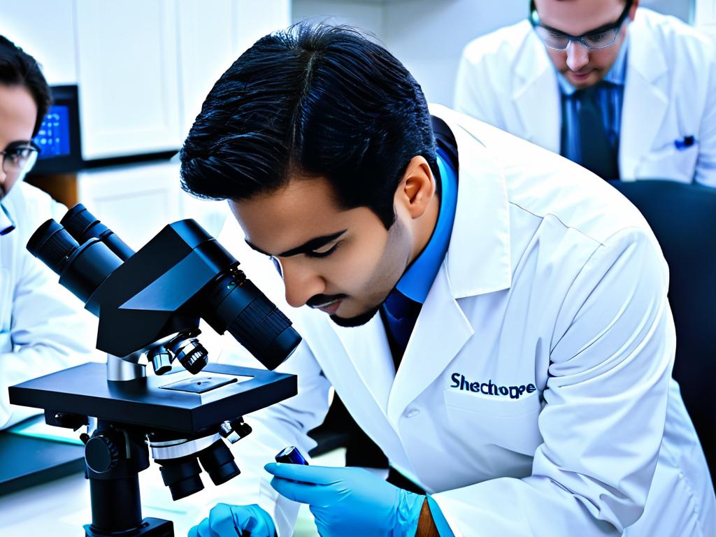 Студент-медик в халате смотрит в микроскоп в лаборатории