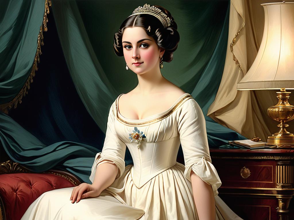 Портрет модницы начала 19 века в платье ампирного фасона из муслина с высокой талией