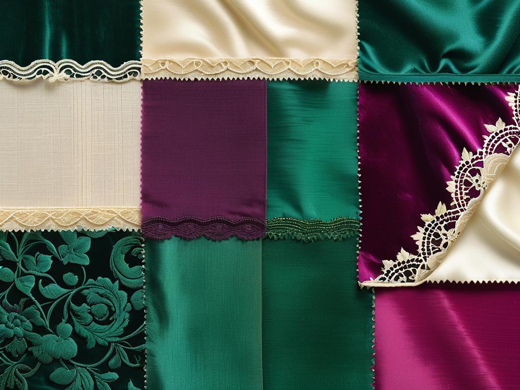 Коллаж тканей моды 19 века - шелка, бархат, кружева в изумрудном, малиновом, слоновой кости цветах