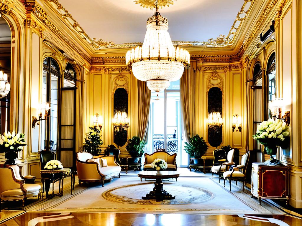Роскошный холл отеля Ритц в Париже, декорированный антикварной мебелью, люстрами и цветочными