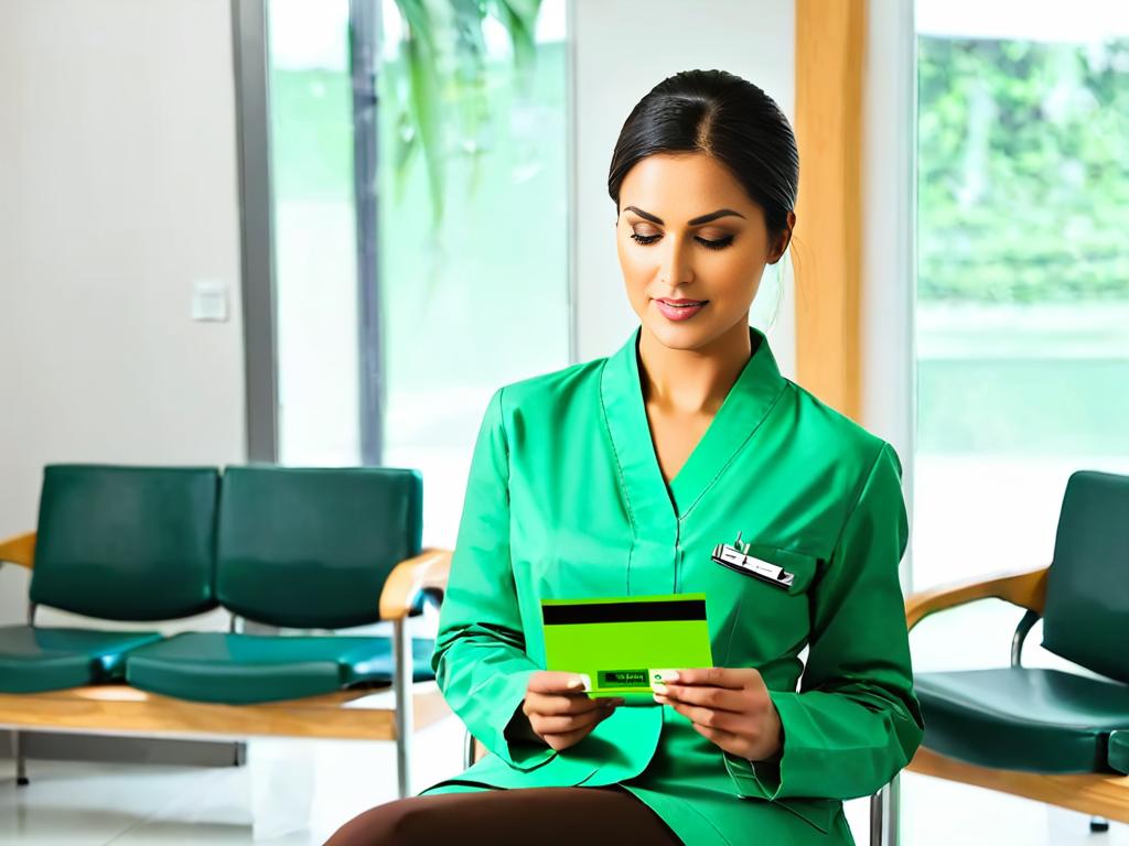 На фото изображена женщина в поликлинике, которая держит в руках зеленый полис ОМС и его